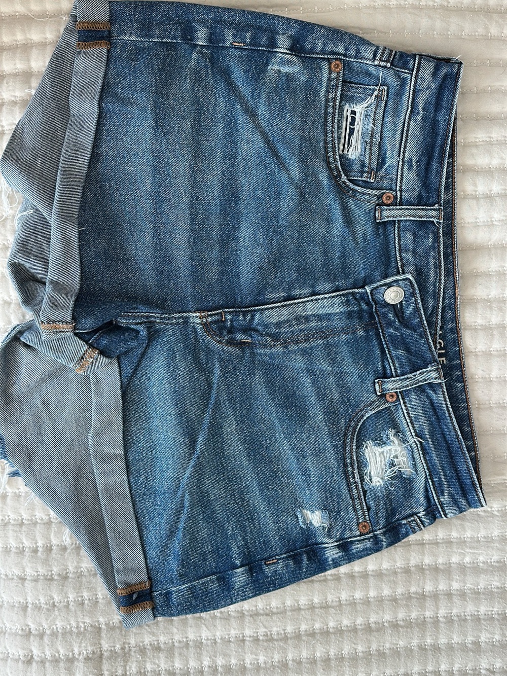 American Eagle Outfitters Distressed Blue Denim Roll-Hem Shorts